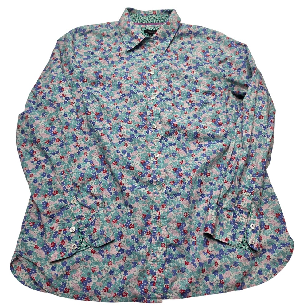 Talbots Womens Floral Cotton Button Down Shirt Blue Pink Long Sleeve Size M